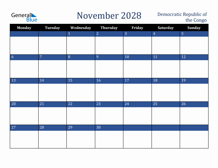 November 2028 Democratic Republic of the Congo Calendar (Monday Start)