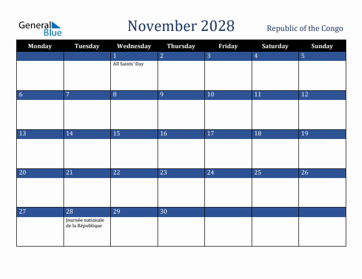 November 2028 Republic of the Congo Calendar (Monday Start)