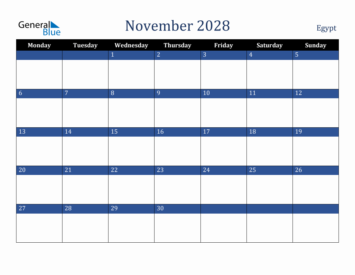 November 2028 Egypt Holiday Calendar (Monday Start)