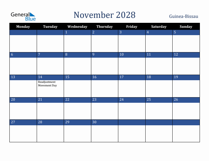November 2028 Guinea-Bissau Calendar (Monday Start)