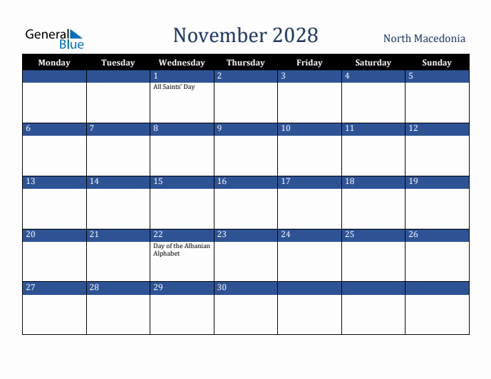 November 2028 North Macedonia Calendar (Monday Start)