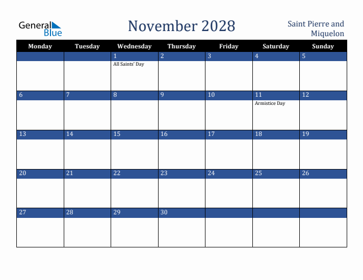 November 2028 Saint Pierre and Miquelon Calendar (Monday Start)