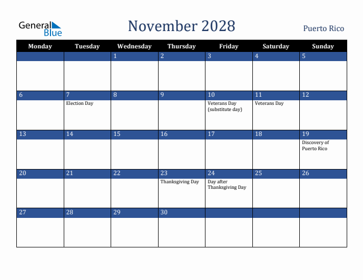 November 2028 Puerto Rico Calendar (Monday Start)