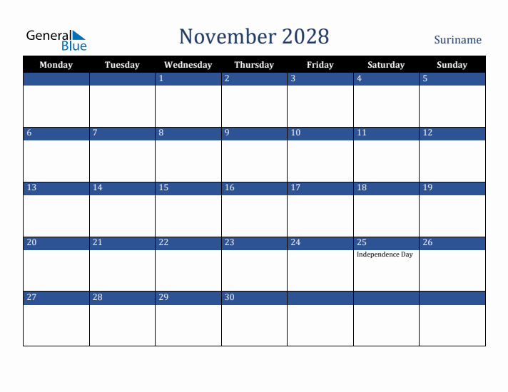 November 2028 Suriname Calendar (Monday Start)