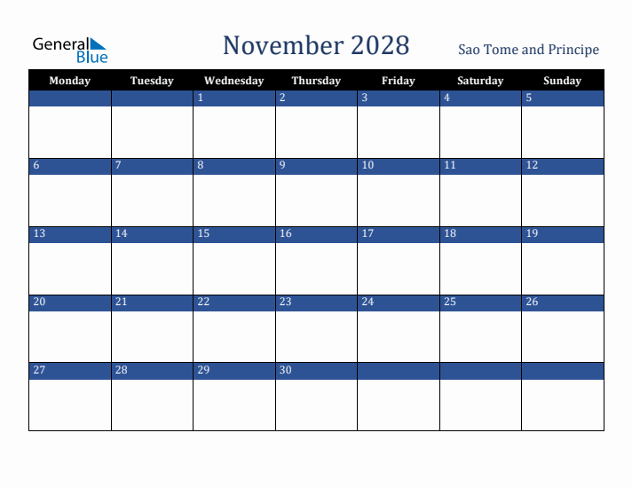 November 2028 Sao Tome and Principe Calendar (Monday Start)