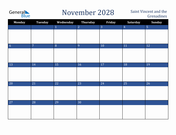 November 2028 Saint Vincent and the Grenadines Calendar (Monday Start)