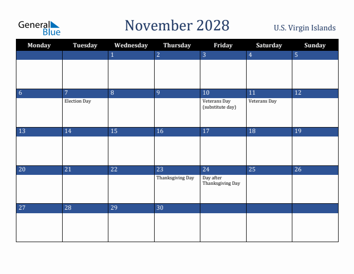 November 2028 U.S. Virgin Islands Calendar (Monday Start)