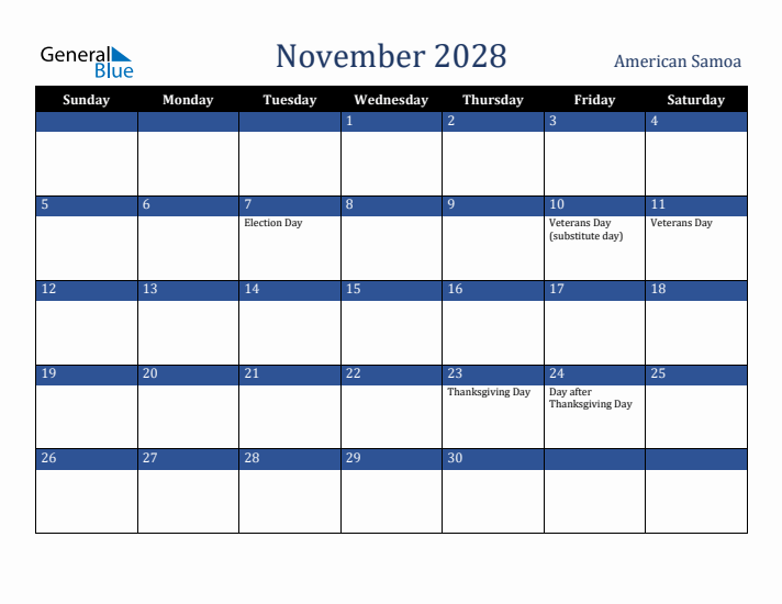November 2028 American Samoa Calendar (Sunday Start)