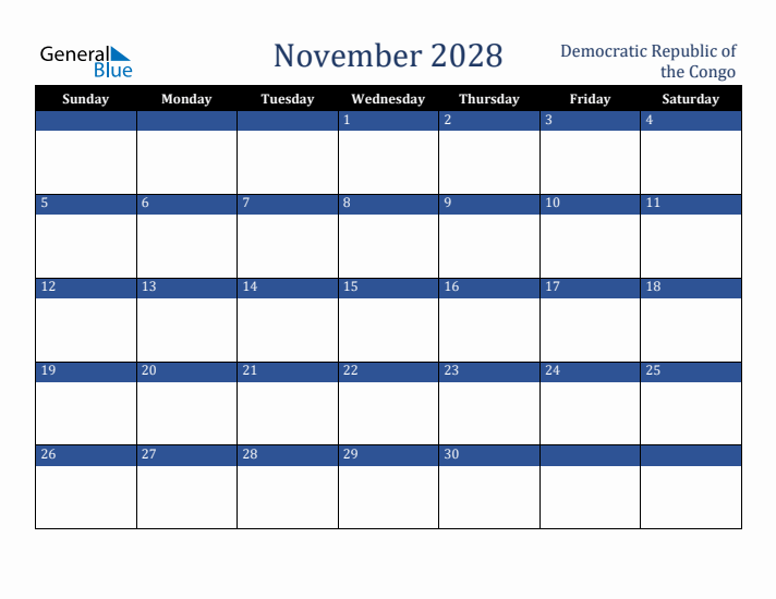 November 2028 Democratic Republic of the Congo Calendar (Sunday Start)