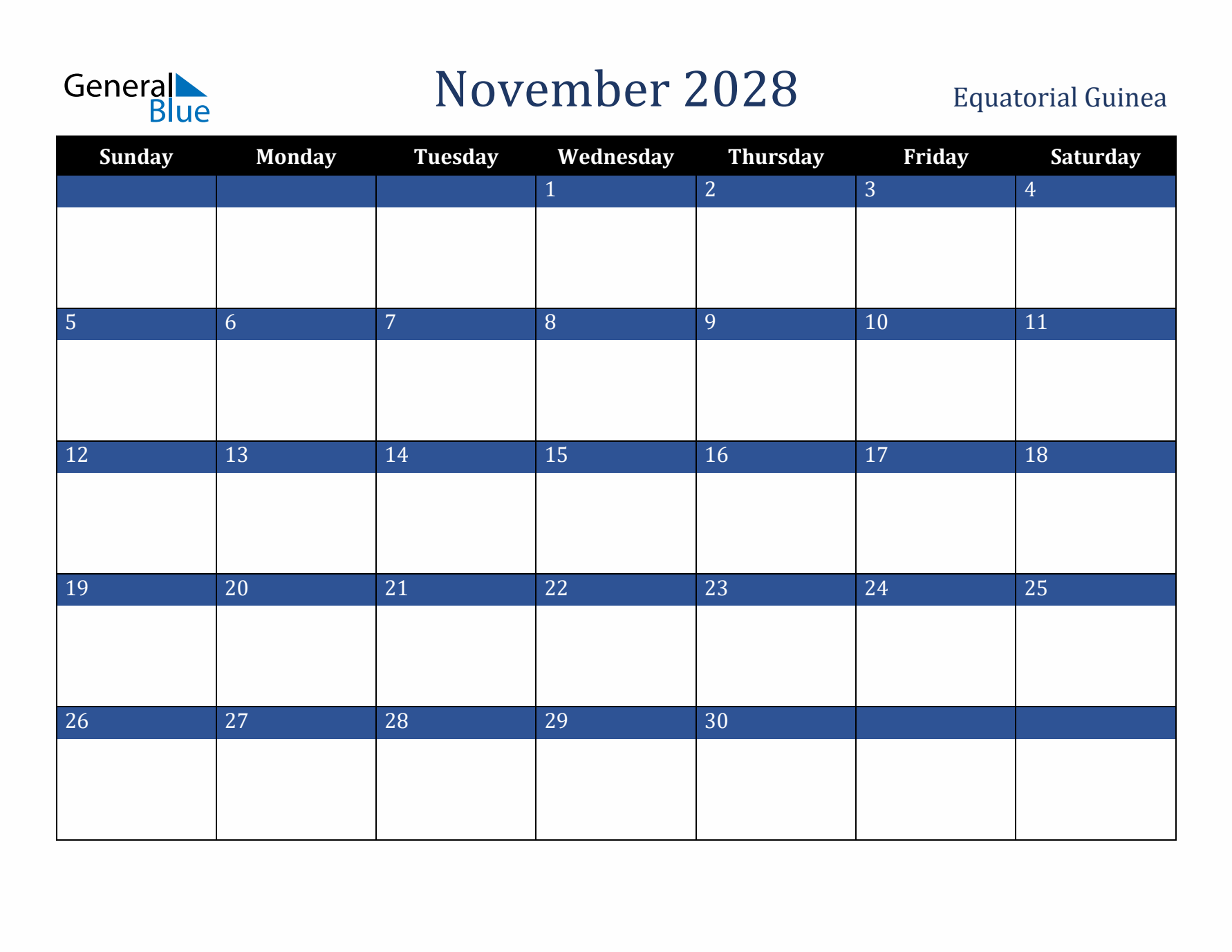 November 2028 Equatorial Guinea Calendar (Sunday Start)