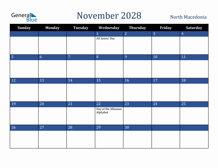 November 2028 North Macedonia Calendar (Sunday Start)
