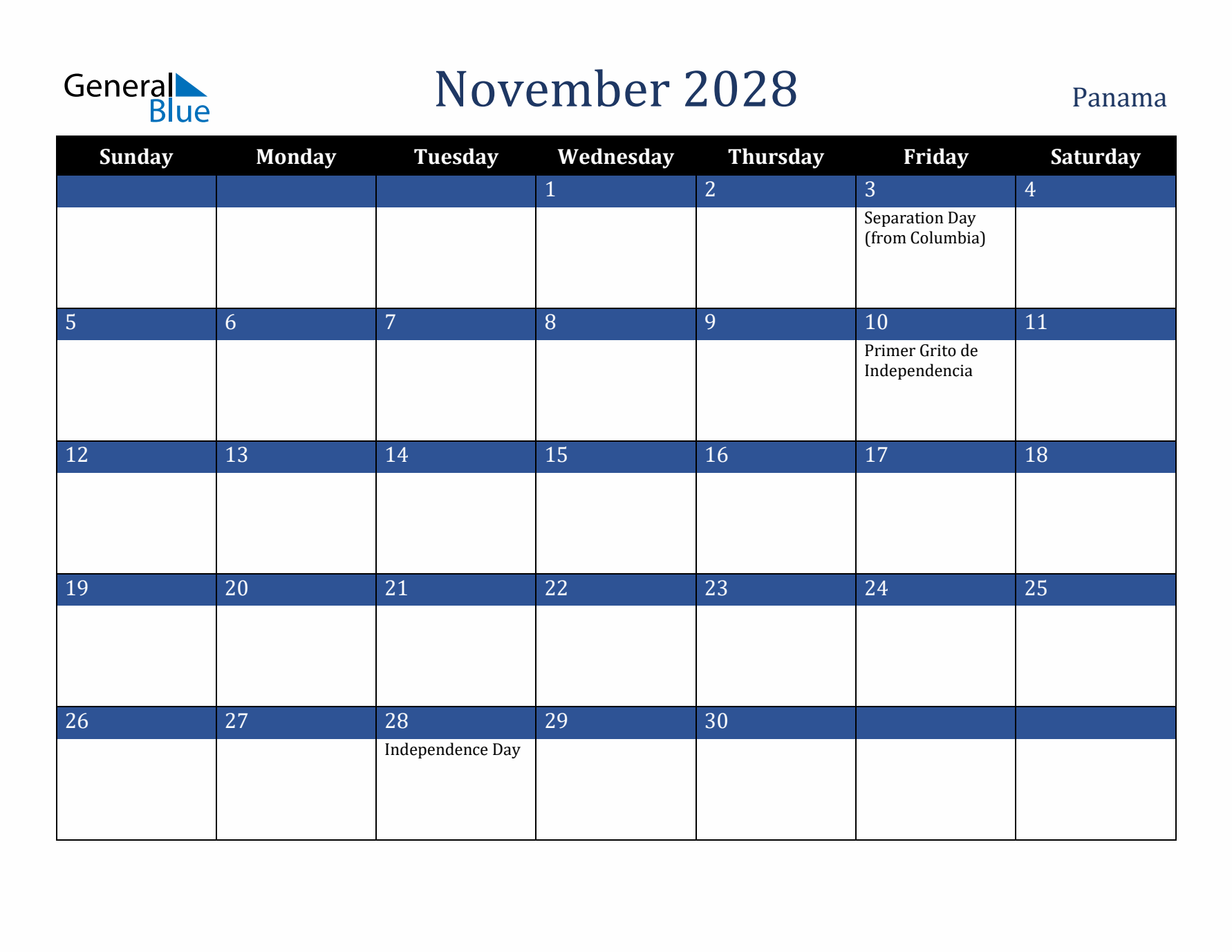 November 2028 Panama Calendar (Sunday Start)