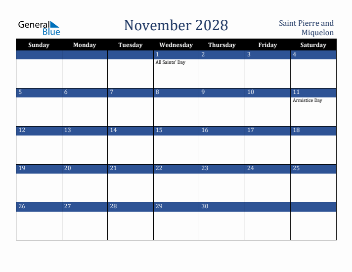 November 2028 Saint Pierre and Miquelon Calendar (Sunday Start)