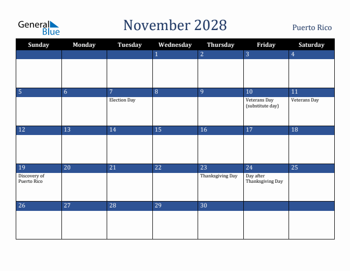 November 2028 Puerto Rico Calendar (Sunday Start)