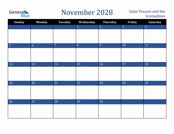 November 2028 Saint Vincent and the Grenadines Calendar (Sunday Start)