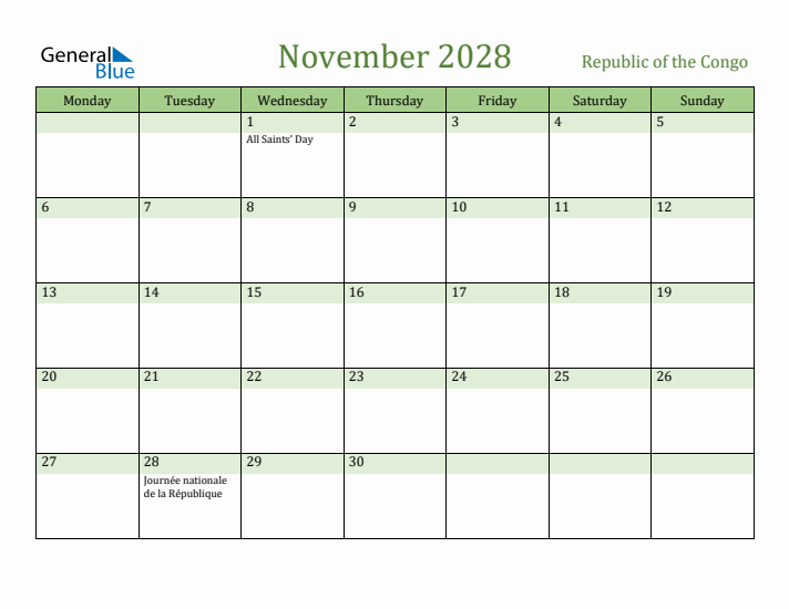 November 2028 Calendar with Republic of the Congo Holidays