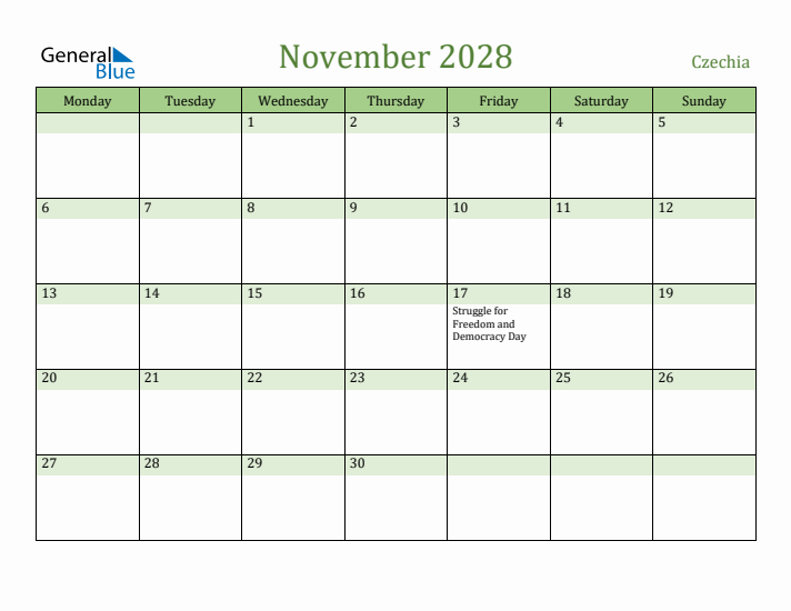 November 2028 Calendar with Czechia Holidays