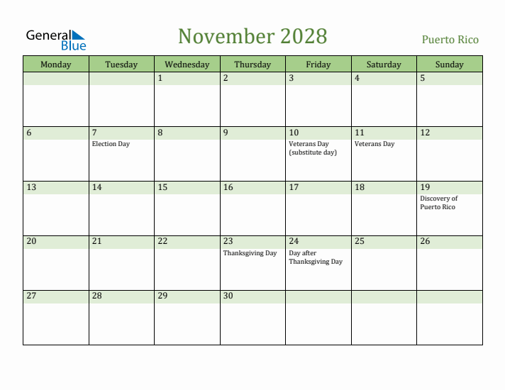 November 2028 Calendar with Puerto Rico Holidays