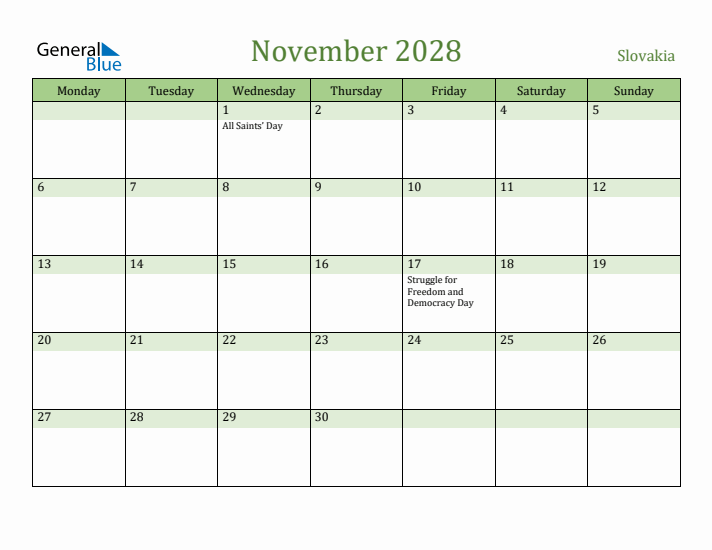 November 2028 Calendar with Slovakia Holidays
