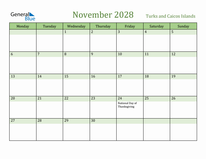 November 2028 Calendar with Turks and Caicos Islands Holidays