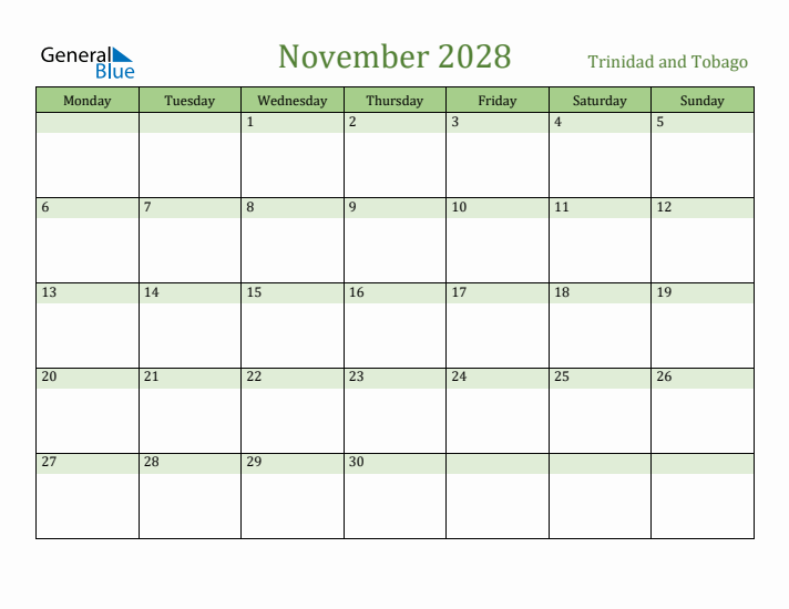 November 2028 Calendar with Trinidad and Tobago Holidays