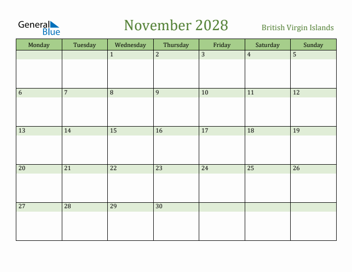 November 2028 Calendar with British Virgin Islands Holidays