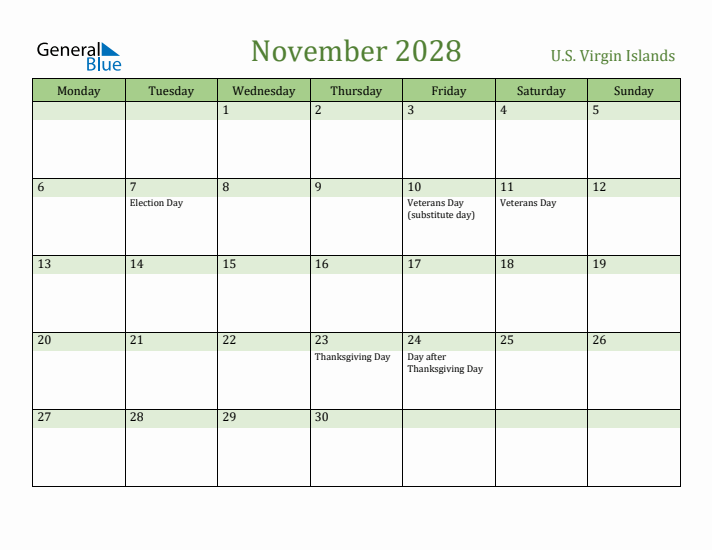 November 2028 Calendar with U.S. Virgin Islands Holidays
