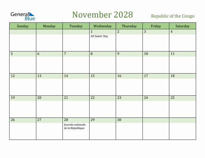 November 2028 Calendar with Republic of the Congo Holidays
