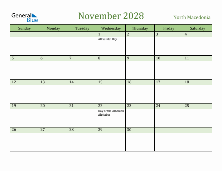 November 2028 Calendar with North Macedonia Holidays