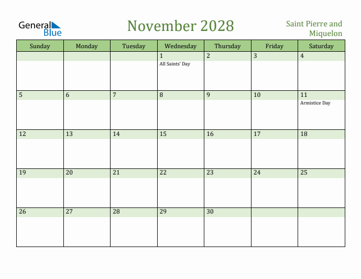 November 2028 Calendar with Saint Pierre and Miquelon Holidays