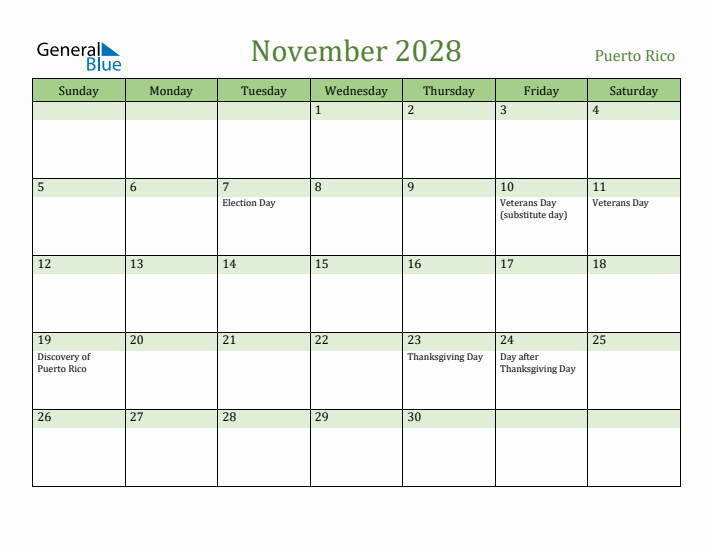 November 2028 Calendar with Puerto Rico Holidays