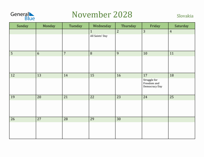 November 2028 Calendar with Slovakia Holidays