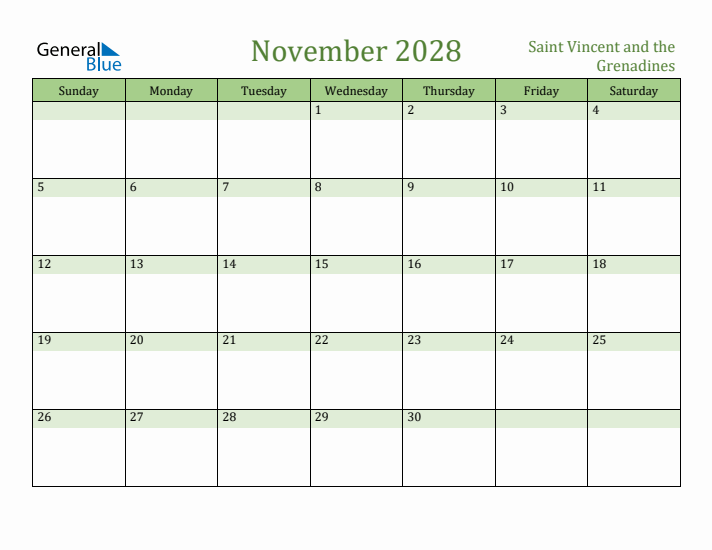 November 2028 Calendar with Saint Vincent and the Grenadines Holidays