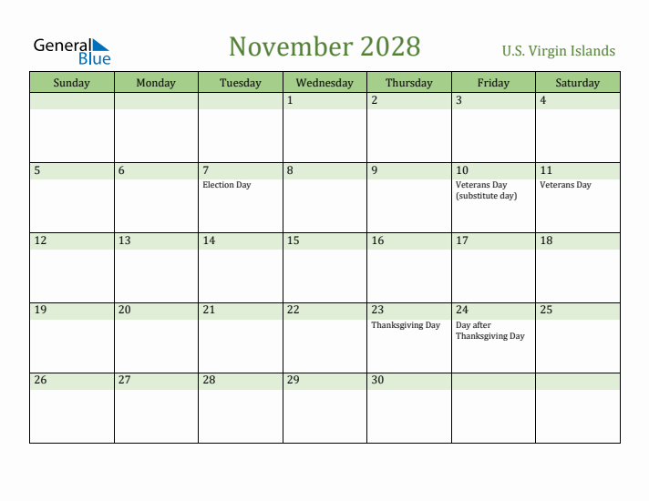 November 2028 Calendar with U.S. Virgin Islands Holidays