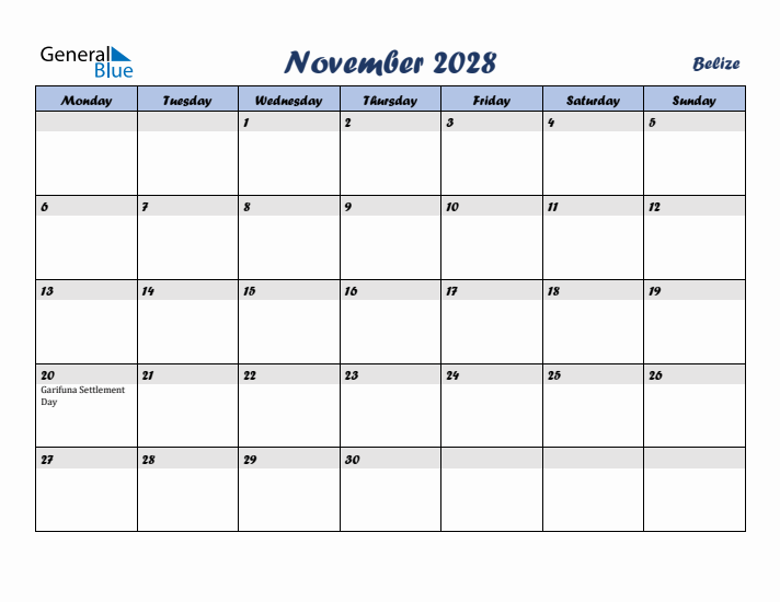 November 2028 Calendar with Holidays in Belize