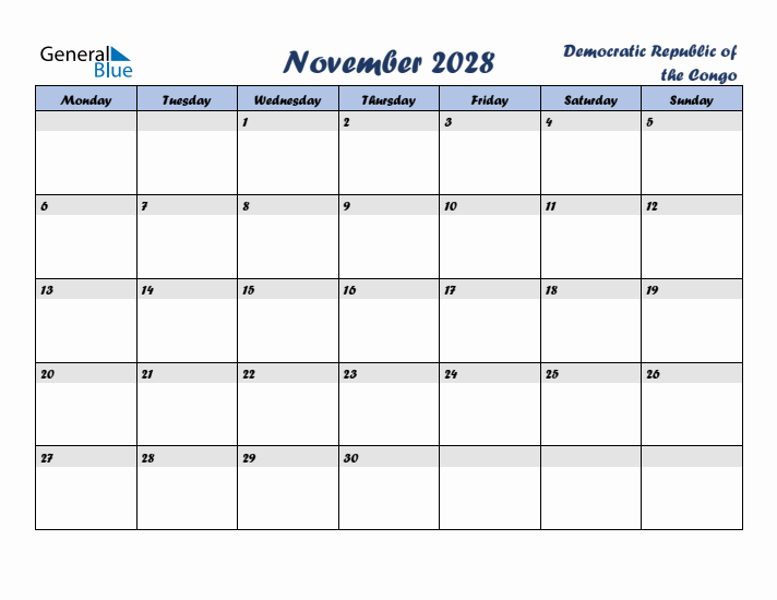 November 2028 Calendar with Holidays in Democratic Republic of the Congo