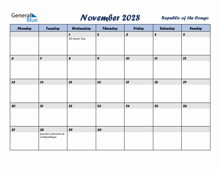 November 2028 Calendar with Holidays in Republic of the Congo