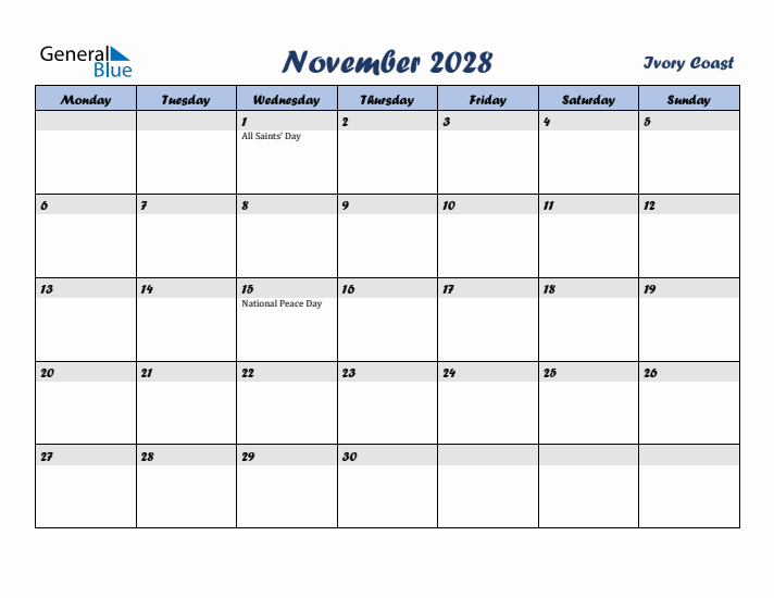 November 2028 Calendar with Holidays in Ivory Coast