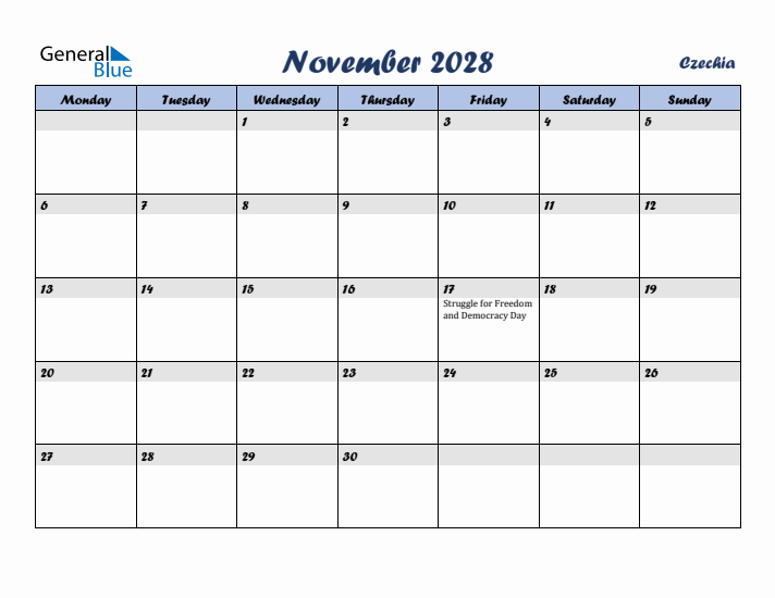 November 2028 Calendar with Holidays in Czechia