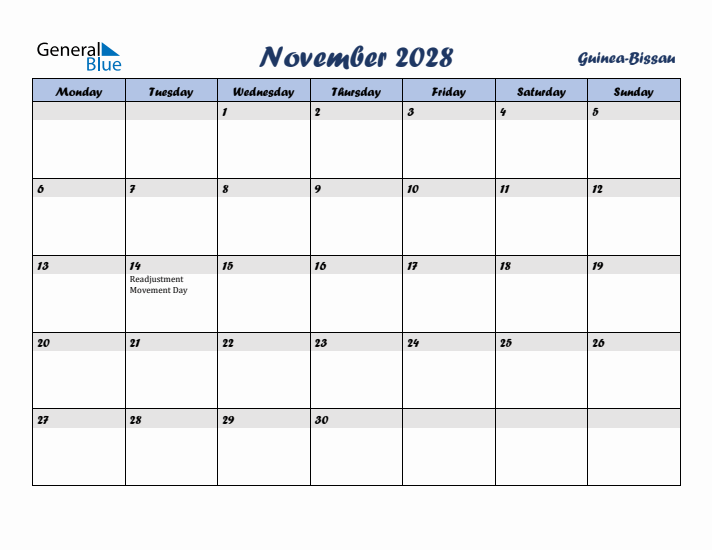 November 2028 Calendar with Holidays in Guinea-Bissau