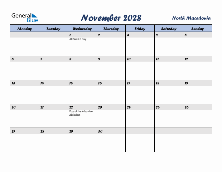 November 2028 Calendar with Holidays in North Macedonia