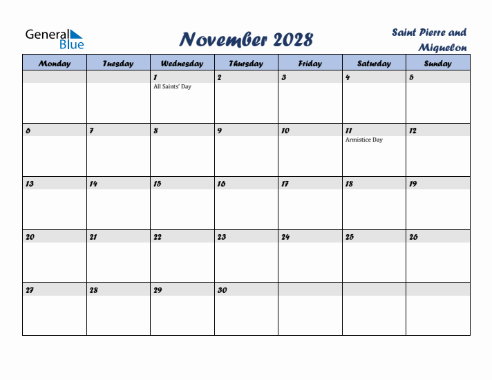 November 2028 Calendar with Holidays in Saint Pierre and Miquelon