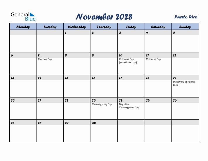 November 2028 Calendar with Holidays in Puerto Rico