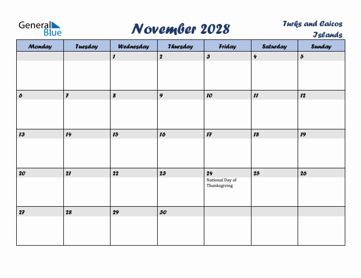 November 2028 Calendar with Holidays in Turks and Caicos Islands