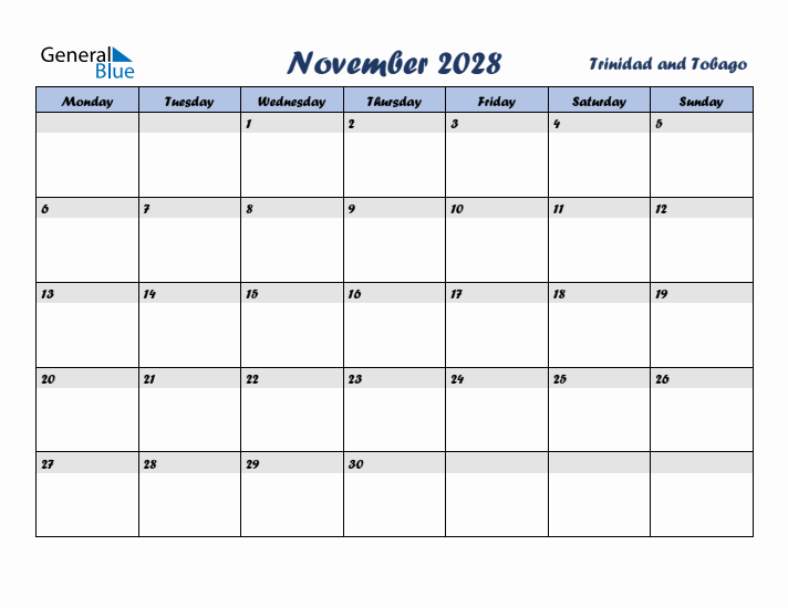 November 2028 Calendar with Holidays in Trinidad and Tobago