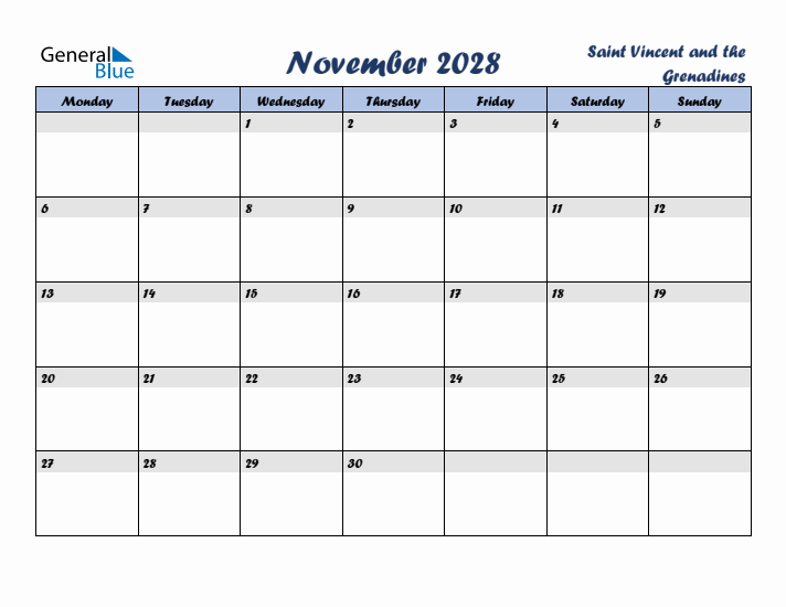 November 2028 Calendar with Holidays in Saint Vincent and the Grenadines