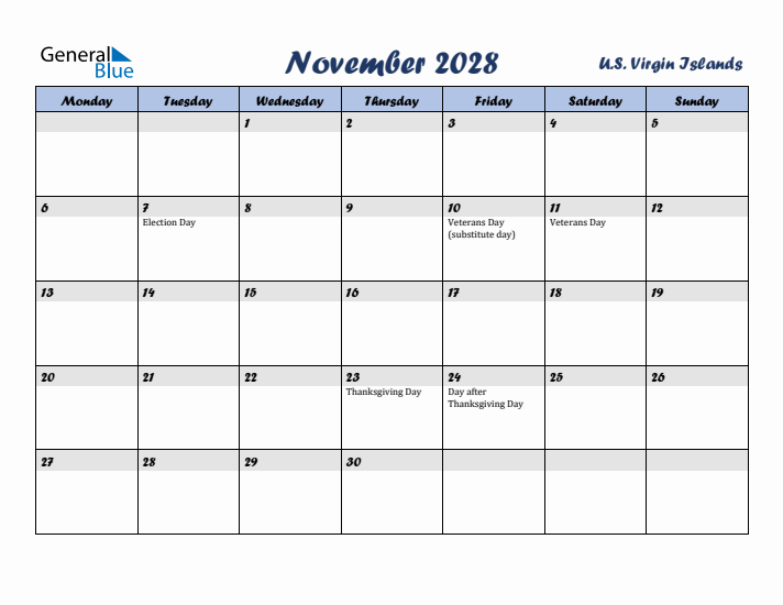 November 2028 Calendar with Holidays in U.S. Virgin Islands