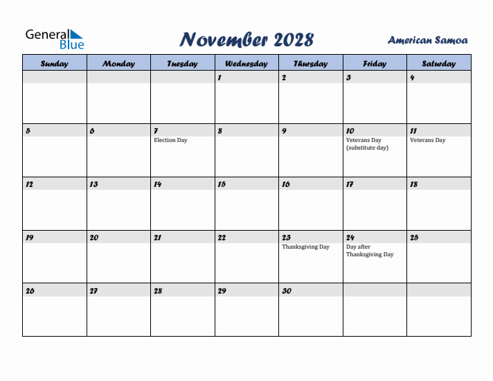 November 2028 Calendar with Holidays in American Samoa
