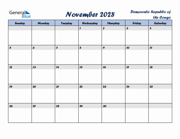 November 2028 Calendar with Holidays in Democratic Republic of the Congo