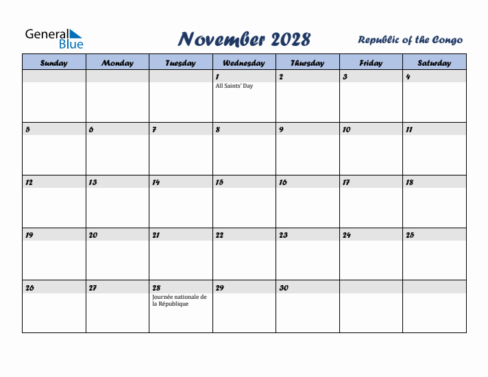 November 2028 Calendar with Holidays in Republic of the Congo
